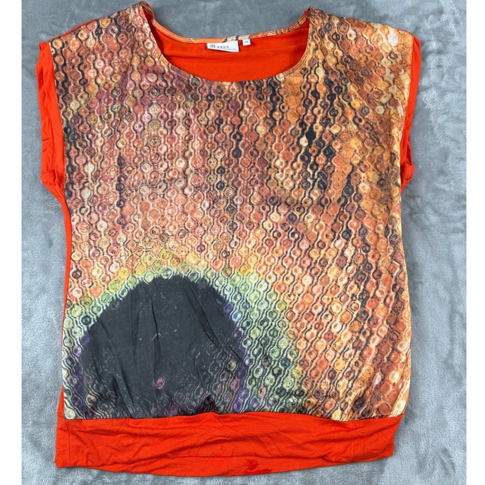 Yaya Orange Abstract Graphic Print Cap Sleeve Banded Hem Top Size 38 Medium